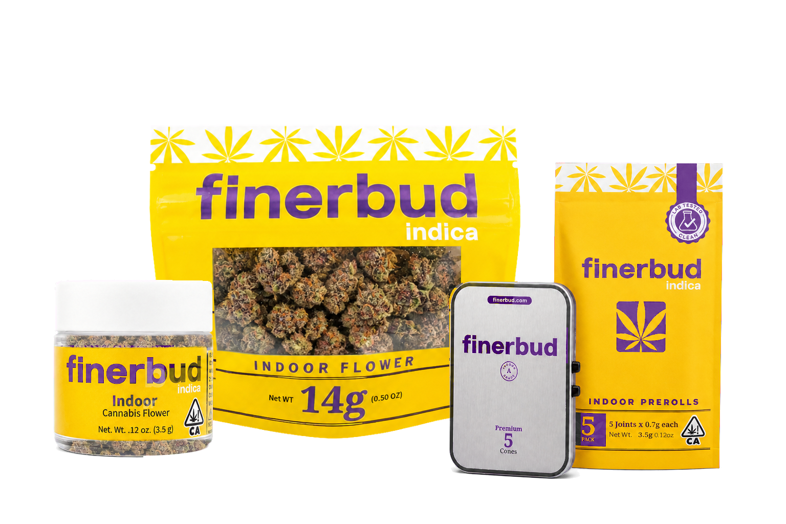 Finerbud Indica package family with 14g Mylar, 3.5g jar, and pre-roll set